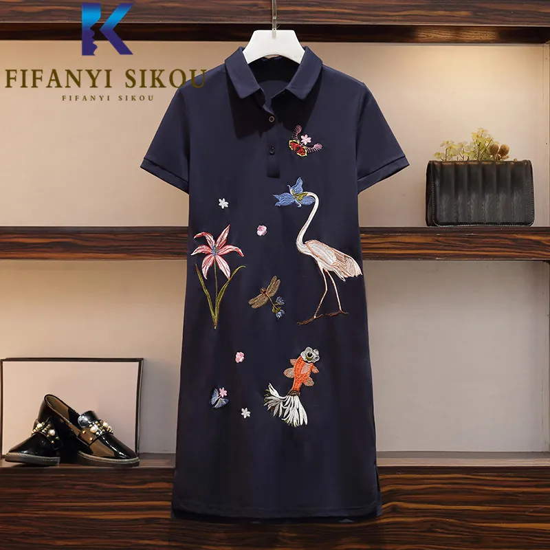 

Oversized T-Shirt Dress Women Fashion Embroidery Polo Collar Short Sleeve Midi Long Dress Loose Casual Summer Dress Female