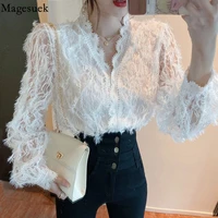 vintage v neck long sleeve lace blouse women tops tassel white shirts blusas hollow out lace flowers ladies blouses shirts 16095