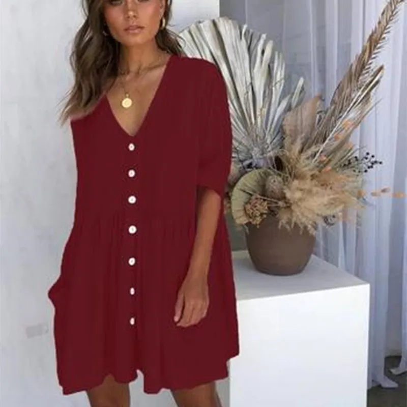 

Women Dress Summer 2021 Robe Femme Boho V-neck Spring Sexy Bohemian Dress Pocket Button Beach Dress Vestidos De Mujer Casual