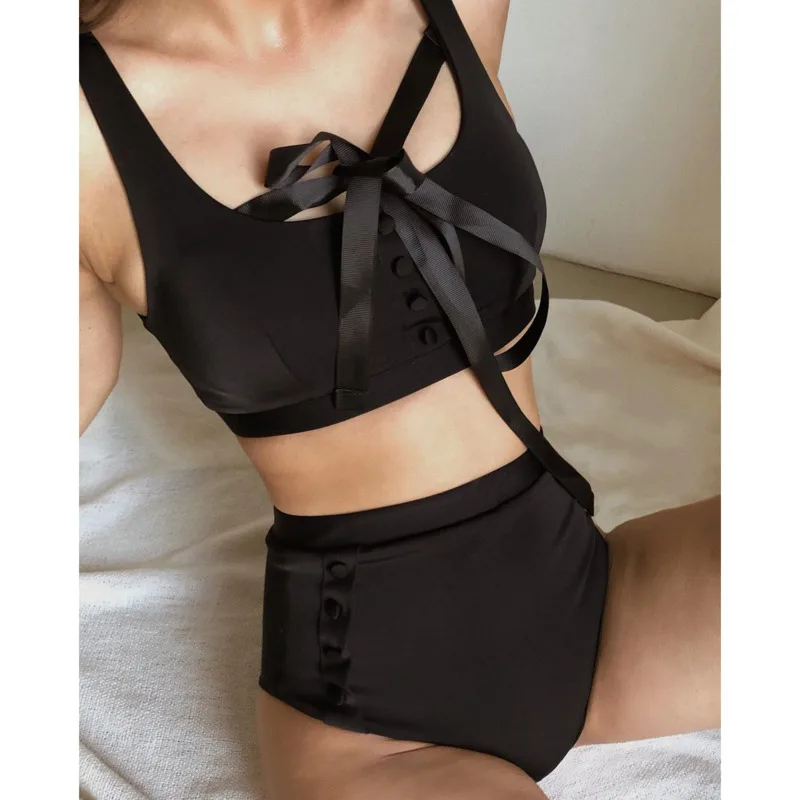 Черный сексуальный женский купальник с завышенной талией и эффектом пуш