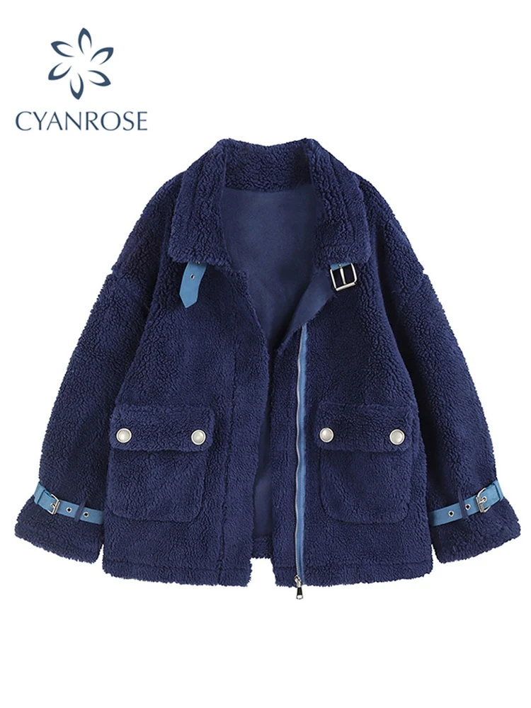 

Женская куртка из овечьей шерсти, повседневная винтажная модная зимняя теплая утепленная флисовая куртка оверсайз с отложным воротником