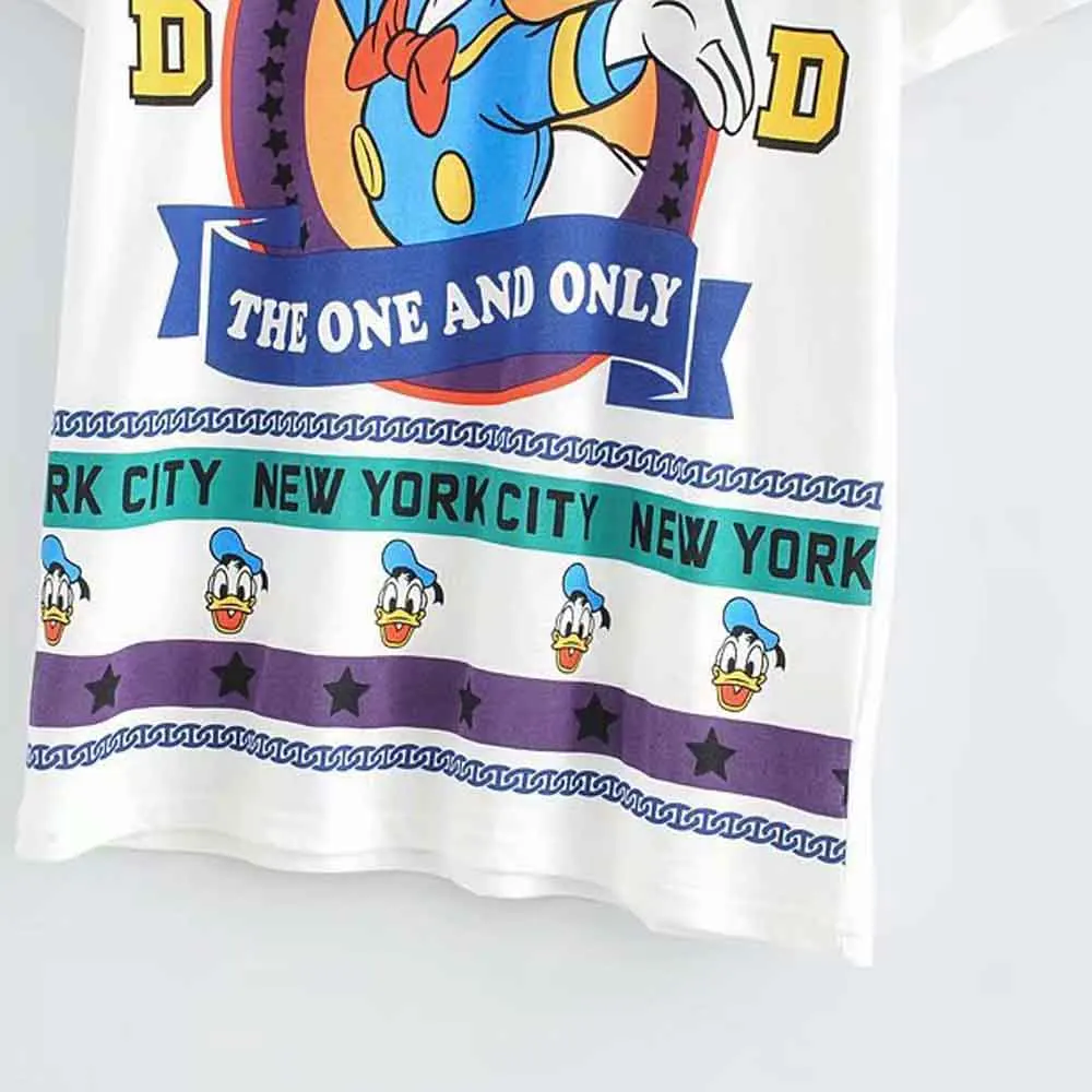 

Disney Fashion Cute Donald Duck Cartoon Letter Print Women T-Shirt O-Neck Pullover Short Sleeve Casual Sweet Loose White Tee Top