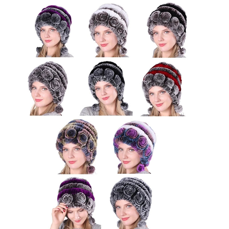

Fur Winter Hat Girls Hat Winter Genuine Rex Rabbit Fur Earflap with Pom Pom
