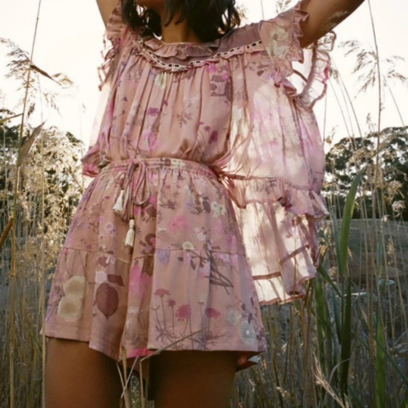 Boho шикарные женские шорты с цветочным принтом и эластичной талией в богемном стиле, женские свободные шорты из вискозного хлопка с оборками и кисточками