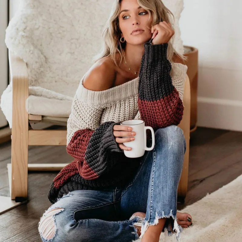 

2020 Autumn and Winter Sweater Horizontal Neck Loose Long-Sleeved Stitching Color Knitted Pullover sweaters for women