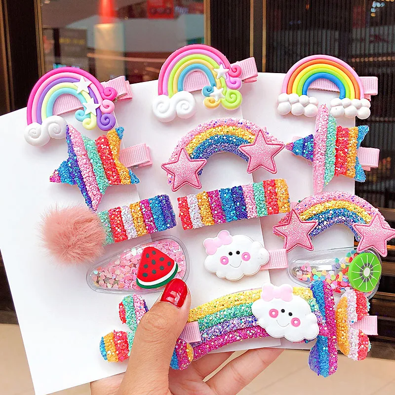 Girls' Rainbow Star and Flower Hair Clips Set, 3/5pcs Sweet Hair Ornaments, Fashion Hair Accessories Barrette and Headband image 2