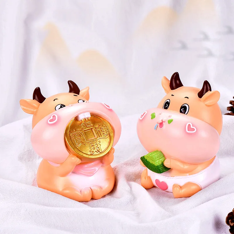 

New Year 2021 Miniature Kawaii Cartoon Cow Piggy Bank Figurine Gift Desktop Ornament DIY Craft Home Decorations Accessories