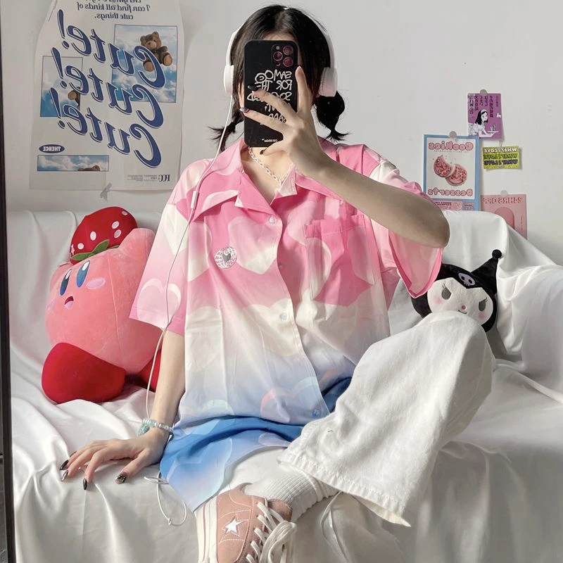 

Harajpoo Women Shirts Summer Korean INS Harajuku Style Pink Blue Gradient Love Printing Girlfriends Loose Thin Short Sleeve Tops