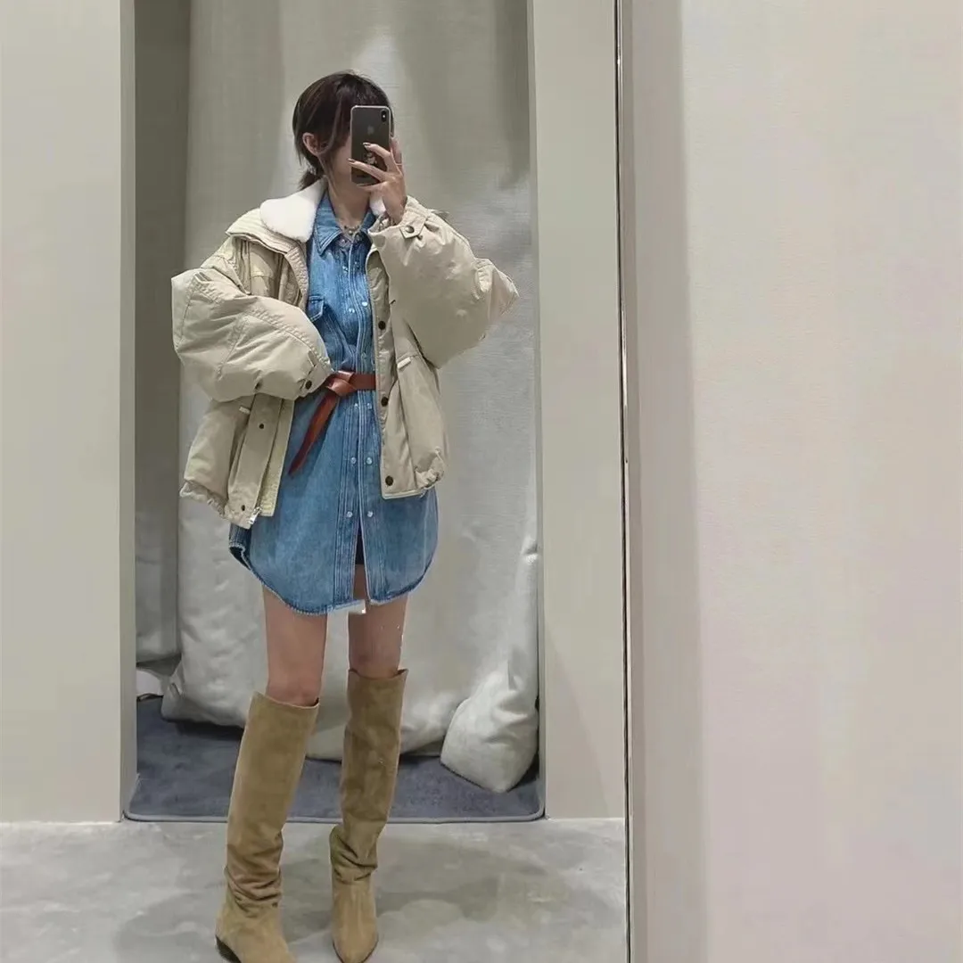 

Colorblocking Furry Lapel Double Pocket Casual Warm Down Jacket