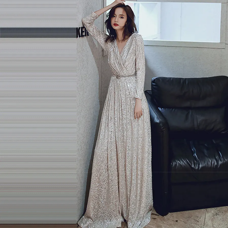 

Long Sleeved Evening Dress Long Plus Size Robe De Soiree K027 Elegant Women Party Dresses 2019 Sexy V-Neck Sequins Formal Gowns