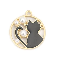 zinc based alloy acrylic charms matt round enamel cat imitation pearl pendants for necklace making findings 23mm x 20mm 5 pcs