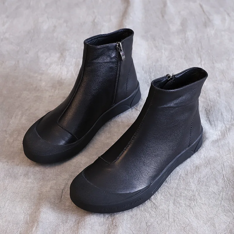 

Leather Boots Flat Casual Women's Side Zipper Boots Soft Bottom Soft Surface Autumn Velvet Thermal Booties Low Tube Cotton Shoes