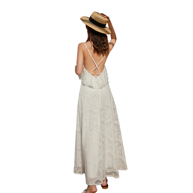 

2021 Newest Summer Sexy Hollow Lace Long Skirt Women Lace V-Neck Backless Camisole Party Beach Wedding Elgant White Dress