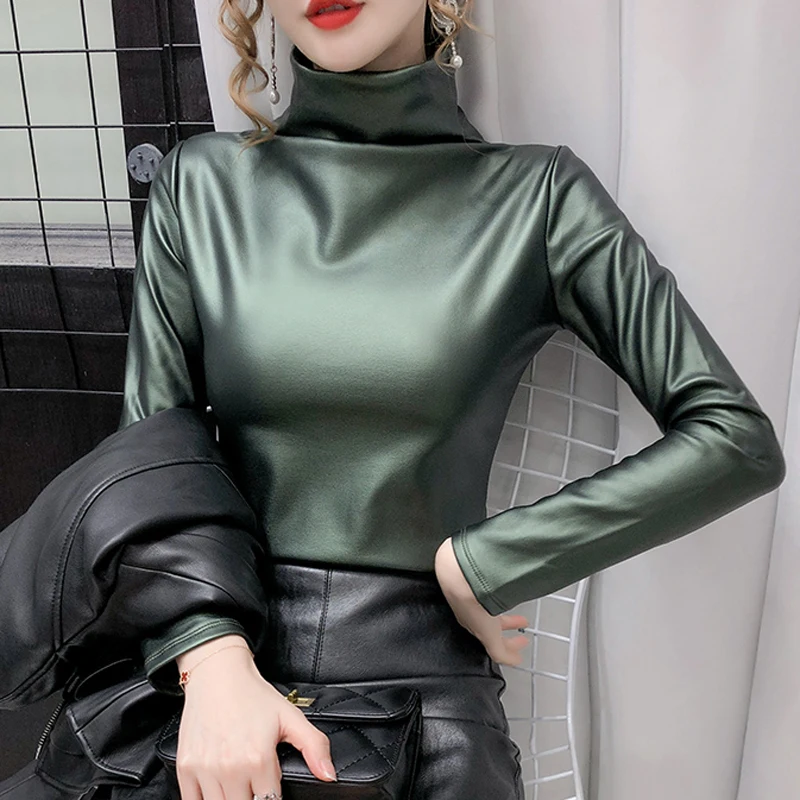 

Turtleneck T-Shirt Comfortable Soft PU Leather T Shirt