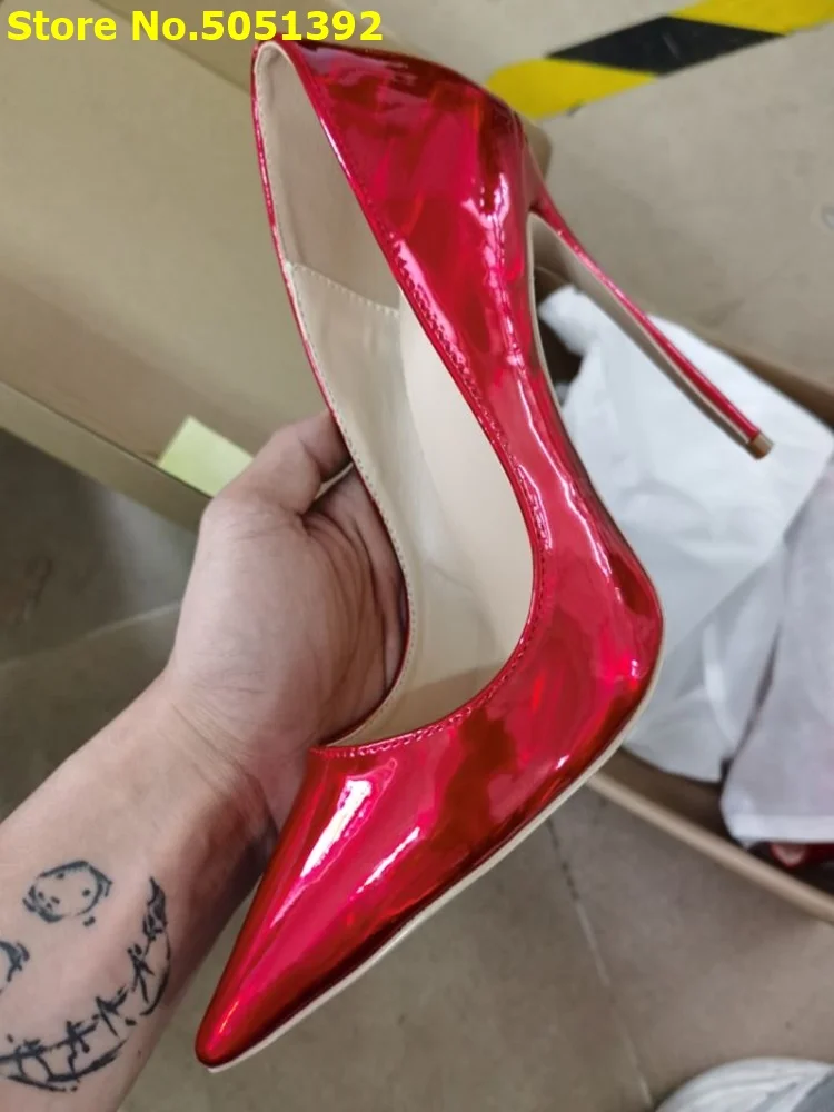 Zapatos de tacón de aguja para mujer, calzado rojo brillante, fotos reales, tacones altos, sólido, gran oferta