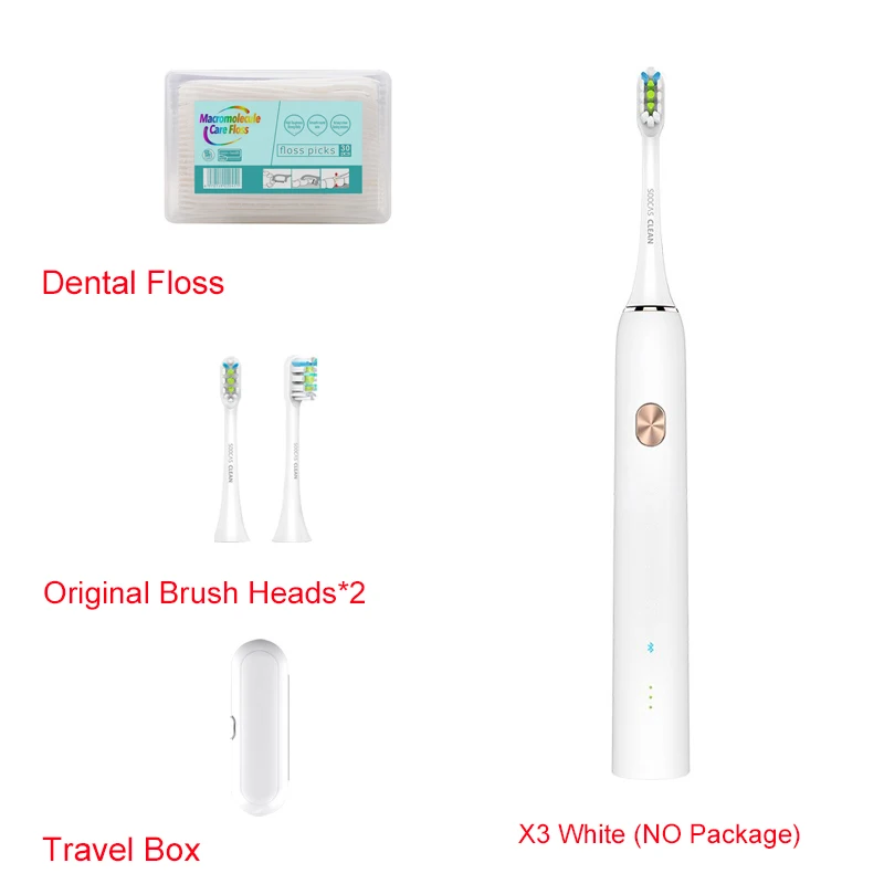 X3-Box-2Heads-Floss Xiaomi Soocare X3 Soocas электрическая зубная щетка Водонепроницаемая беспроводная зарядка звуковая обновленная поддержка перезаряжаемая ультра звуковая для взрослых - Цвет: X3-Box-2Heads-Floss