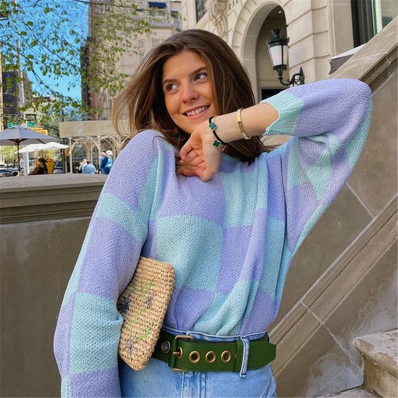 

Y2K фиолетовый клетчатый вязаный Повседневный свитер с круглым вырезом, женские зимние пуловеры 2021, свободный свитер с длинным рукавом, топы,...