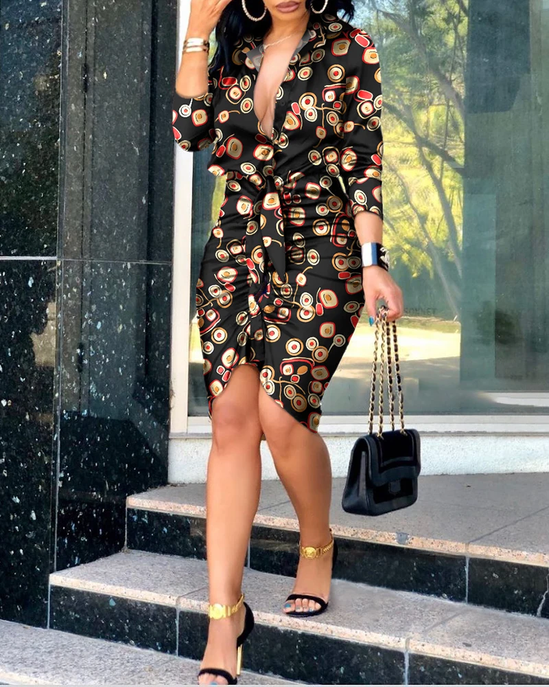 

2021 Women Fashion Lace-up printing Long Sleeve Midi Dress Shirt Dress Elegant Party Dress