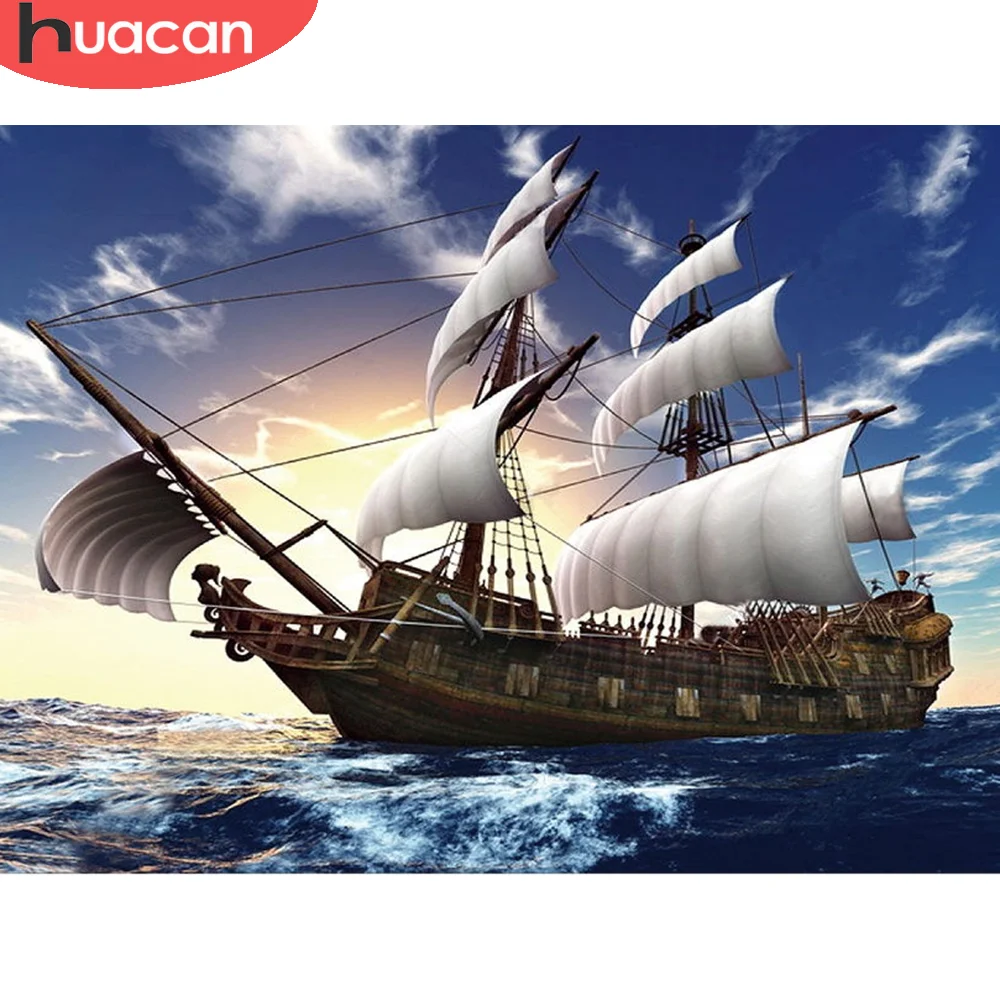 

HUACAN Full Drill Diamond Painting Ship 5D Diamond Embroidery Landscape Mosaic Cross Stitch Handmade Home Decor