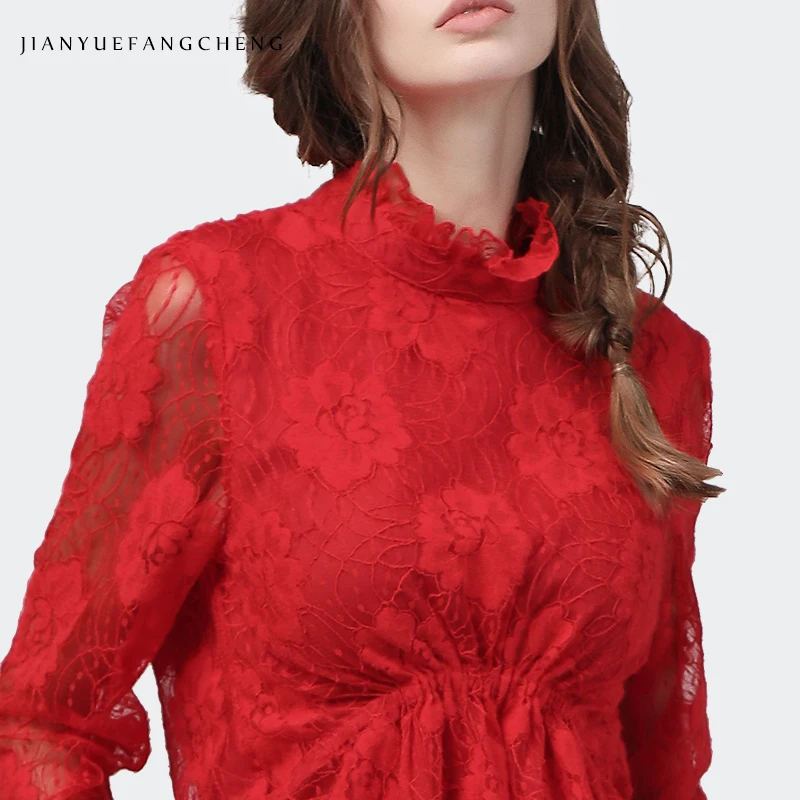 

Fashion Hollow Out Spliced Red Lace Blouses Long Sleeve Slim Waist Ruffled Ladies Autumn Winter Tops Elegant All-Match Blouse