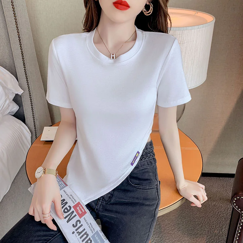 

2021Korean Summer Fashion Split fork irregular Short T Shirt Women Tops Slim Short sleeve Women Tshirt white t shirts tops