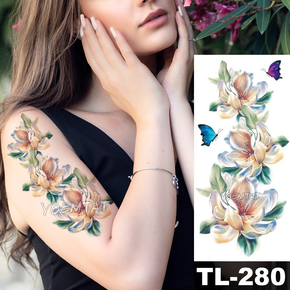 

Watercolor Rose Lily Temporary Tattoos for Women Tattoo Sticker 3D Flower Jewels Body Chest Neck Art Waterproof Arm Fake Tatoo