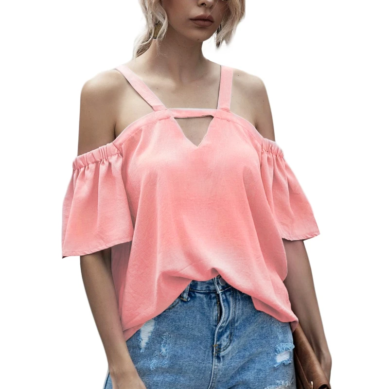 

Women V-Neck Strapless Loose Short Flare Sleeve Summer Female Casual Tops