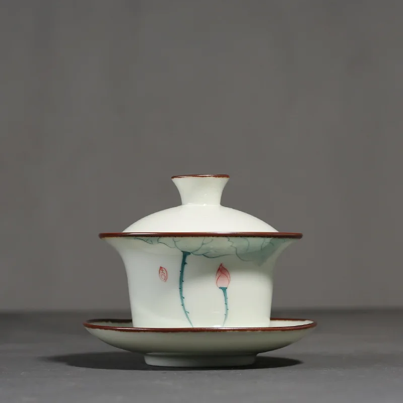 

170ml Hand-painted Gaiwan Teacup Ceramic Tea Making Large Single Lotus Kung Fu Tea Cup Tea Set Sancai Cover Bowl Set
