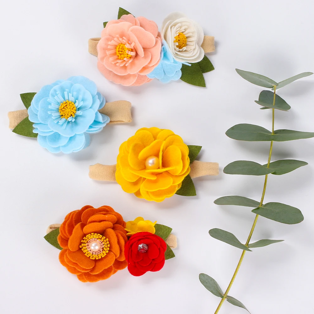

4 Pcs/Lot Nylon Headbands for Girls Felt Flowers Hairbands Artificial Floral Head Bands Handmade Baby Boutique Hair Accessories