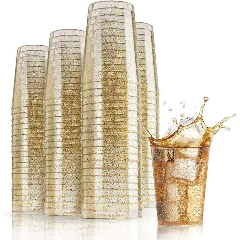 

Gold Glitter Clear Plastic Cups Tumblers,Hard Plastic Disposable Cups Wine Glasses,Party Cups for Cocktail Wine