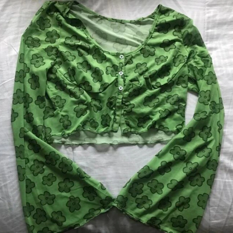 

Sexy Vrouwen 2021 Lange Sleev Crop Y2k top clothes vintage album Bell Mouwen Buttoned Front Bloemen Mesh Vintage