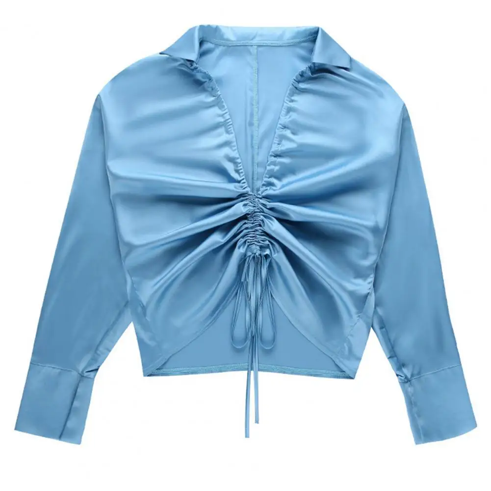 

Женская блузка с рюшами и отложным воротником, Повседневная рубашка синего цвета с кулиской и глубоким V-образным вырезом, пикантная рубашк...