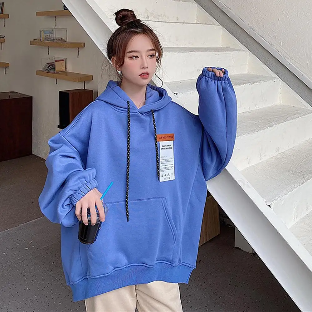 Women Autumn Long Sleeve Solid Color Oversize Plush Thick Warm Hoodie Sweatshirt