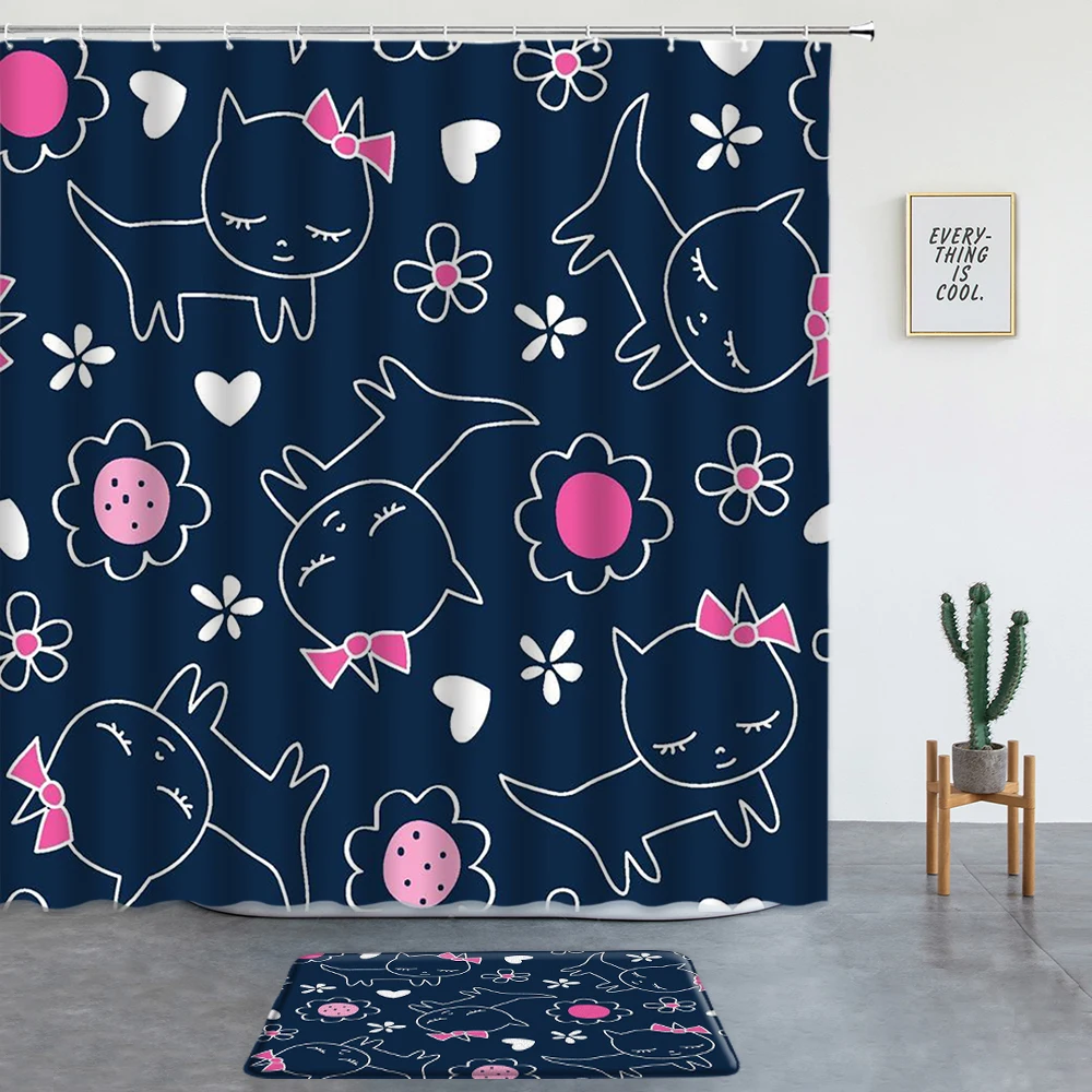 

Cartoon Animal Cat Print Shower Curtains Set Bath Mats Children's Bathroom Decoration Non-slip Rugs Entrance Door Mat Girl Gift