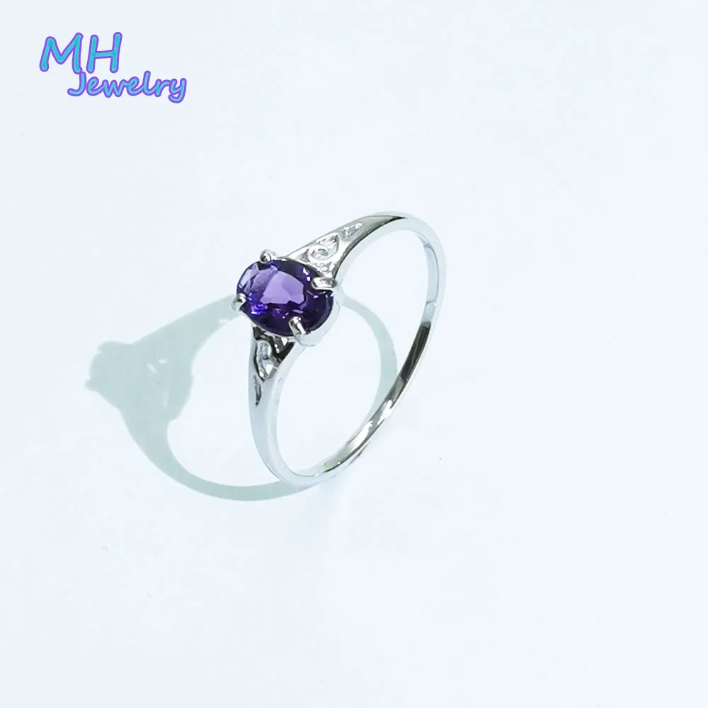 

MH jewelry Natural amethyst Gemstone Simple small Ring Real 925 Sterling Silver Fine Jewelry for girl lady engagement gift,box