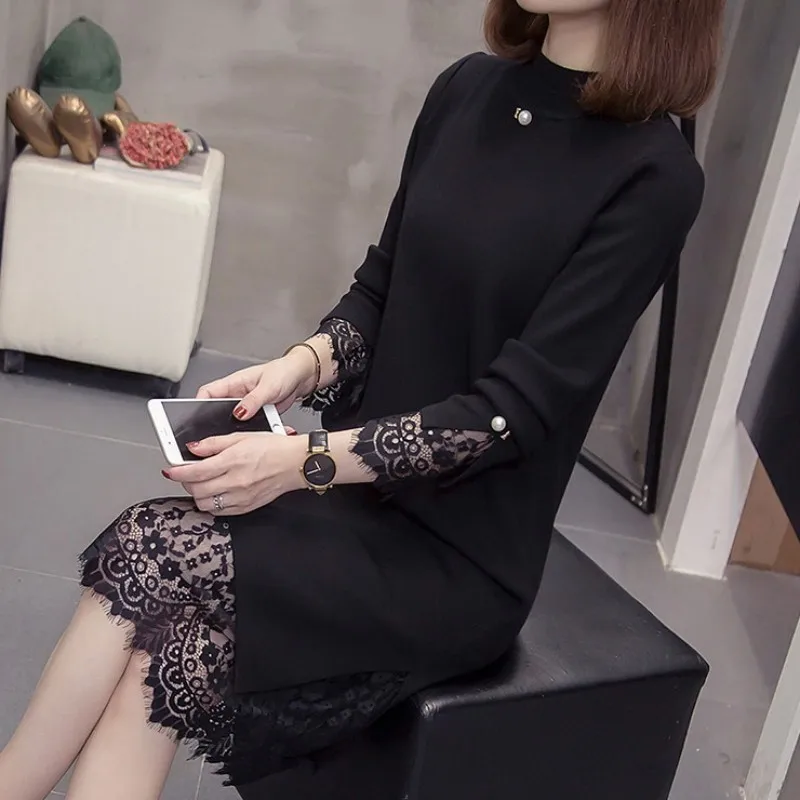 Платье-Свитер женское с длинным рукавом кружевное брошью по краю 4XL Осень-зима