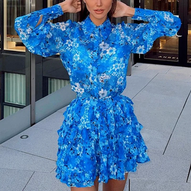 2021 Autumn Winter 2 Piece Women Set Blue Printed Fashion Long Sleeve Shirt Top Pleated Skirt Office Lady Matching Sets |