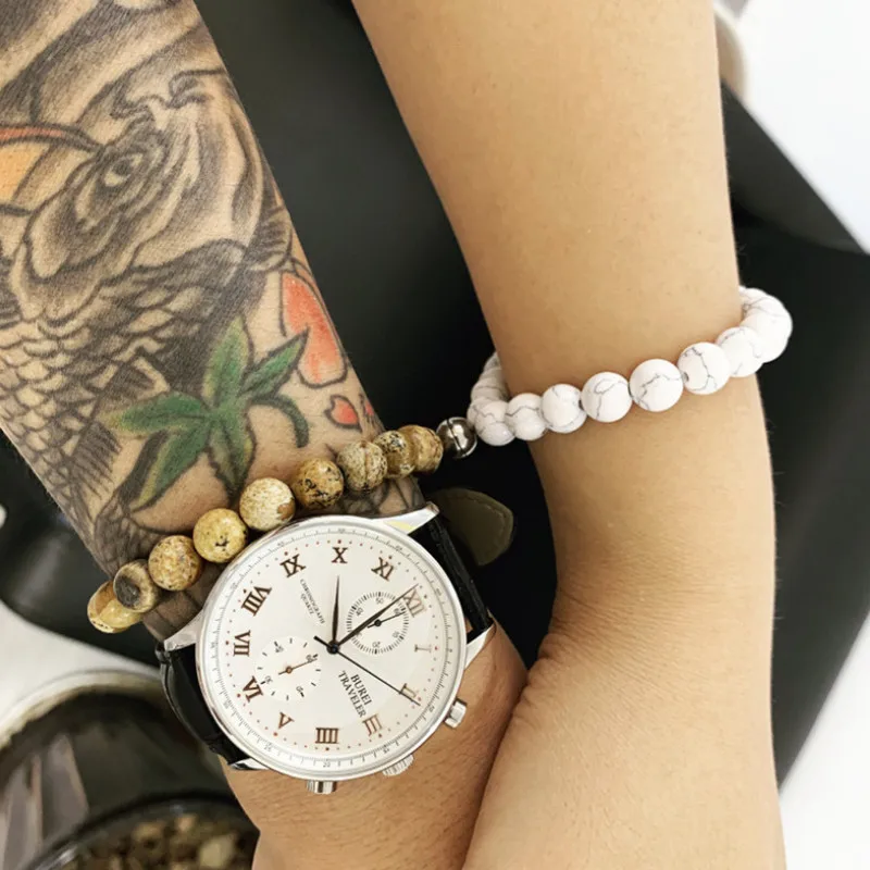 

Vintage 8mm Stone Beads Magnet Buckle Couple Lucky Beaded Bracelet for Women Bangles Fashion Jewelry