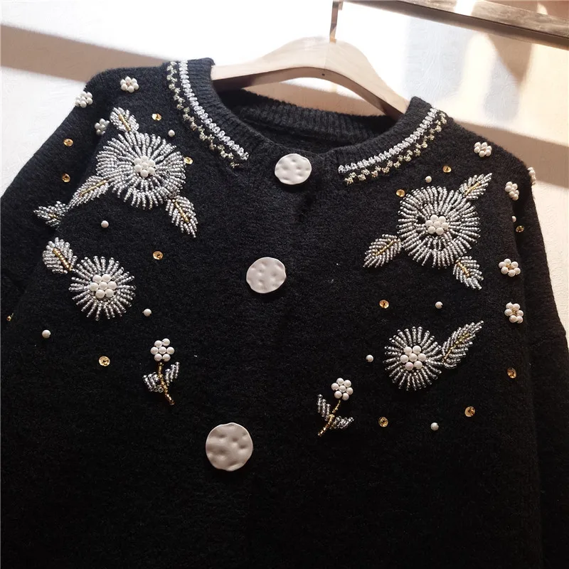 

Luxury Beading Sequined White/Black Knitted Cardigan Women Autumn Winter Thick O-neck Long Sleeve Oversized Knit Sweater Women
