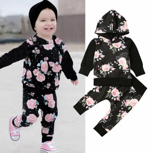 

2020 Fall Infant Baby Girl Clothes Long Sleeve Floral Hooded Sweatshirt Tops + Pants 2pcs Set Autumn Outfit Clothes Sets 0-24M