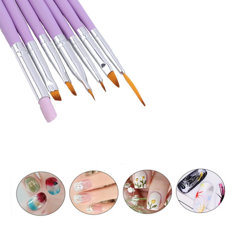 

7 Pcs/set Nail Brush Painting Liner Pen Pink Acrylic Handle UV Gel Lacquer Cuticle Remover Manicure Nail Art Tools Light Purple