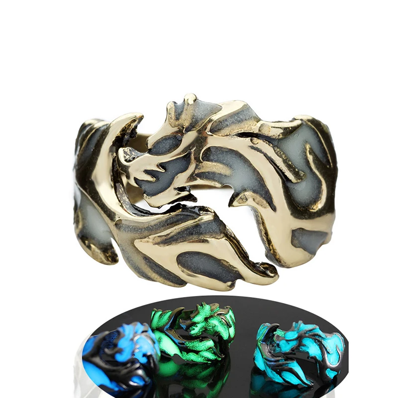 

Fashion Creative Rock Luminous Glowing Adjustable Dragon Pattern Rings Domineering Man Dark Hiphop Jewelry Gift