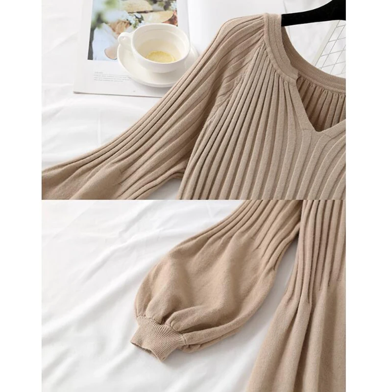 

Autumn Winter Women Knitted Sweater Dress 2020 New Korean Lantern sleeve V Neck Elegant Long Dress Ladies Bottoming Loose Dress