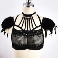 black gothic feather body harness cage sexy lace mesh lingerie woman bondage harness belt rave wear perspective bra