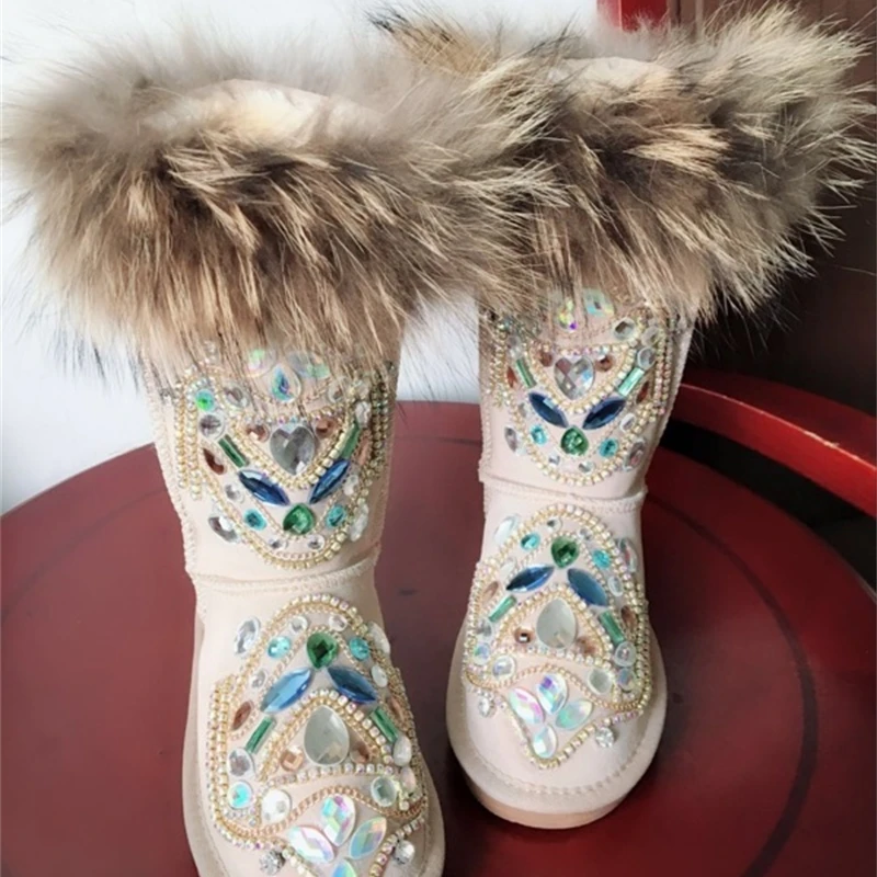 

Handmade DIY Rhinestone Totem Rhinestone Fur Leather Fox Large yard Snow boots shoes