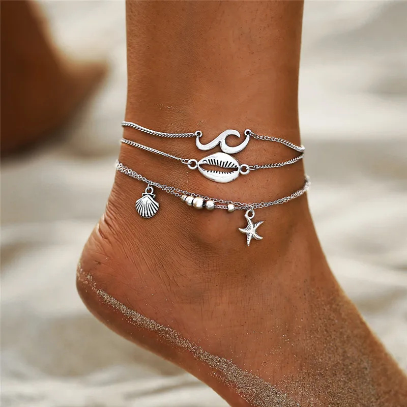 Boho Лето океан пляжные браслеты на ногу для женщин многослойный земля Сердце Луна Звезда Дельфин Черепаха Морская звезда ананас лодыжки браслет - Окраска металла: FOV1906