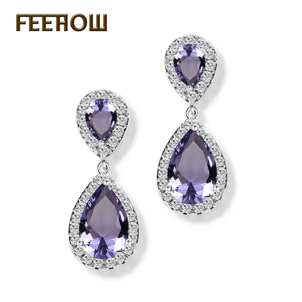 Purple FEEHOW, модные элегантные свадебные ювелирные изделия, розовое золото, цветная слеза, кубический циркон, висячие серьги для женщин, Свадебная вечеринка FWEP091 - Окраска металла: Purple