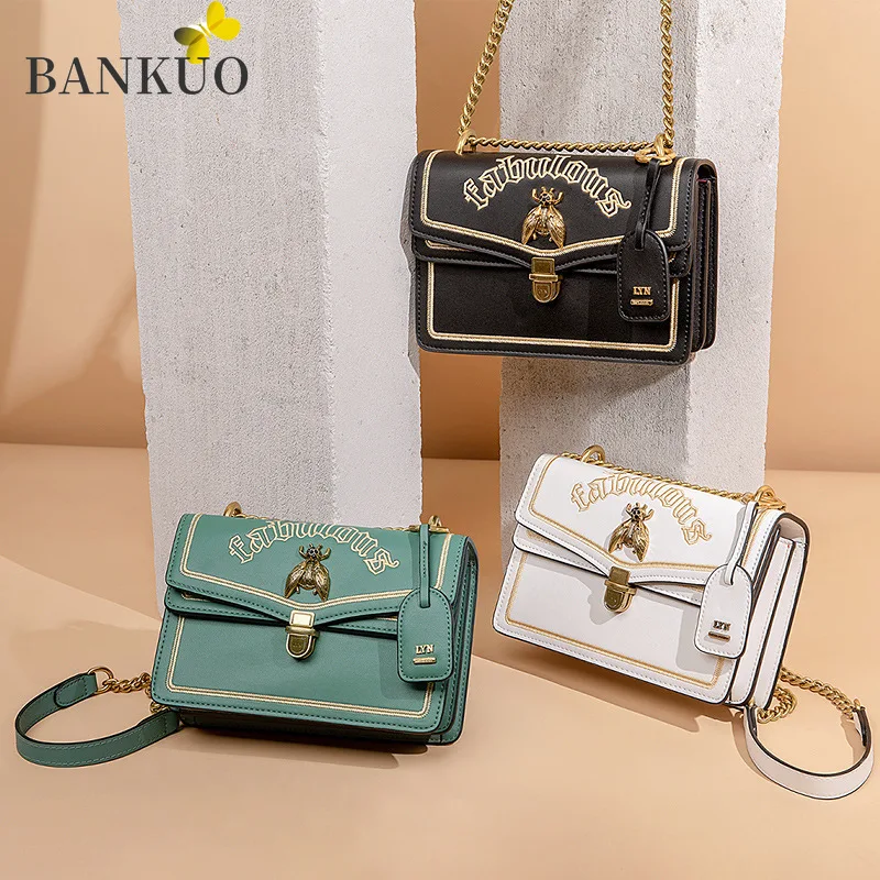 

BANKUO Womens Bag 2021 High Quality PU Shoulder Bags Spring Fashion Letter Crossbody Bag Thai LYN Vintage Hardware Flap Bag X456