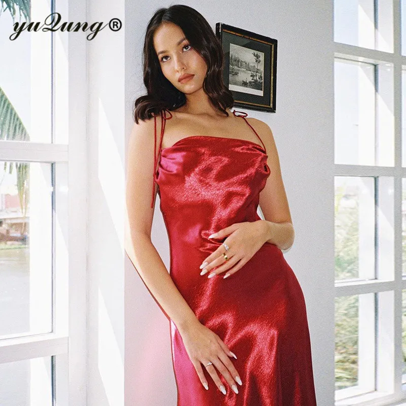 Женское длинное платье на бретельках yuqung трикотажное пляжное платье-макси без