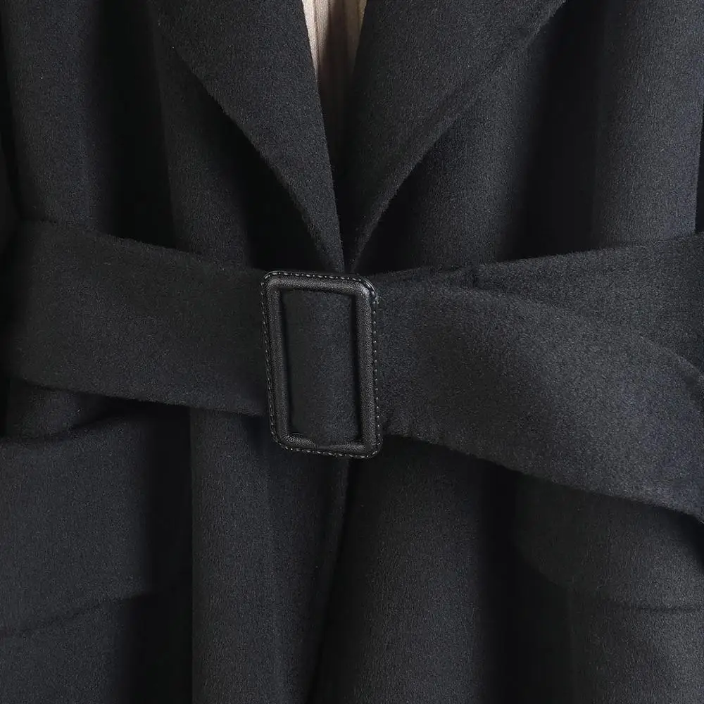 

New Temperament Solid Color Suit Collar Double-sided Wool Straight-tube Mid-length Belt Style Sleeves Woolen Jacket Women B180